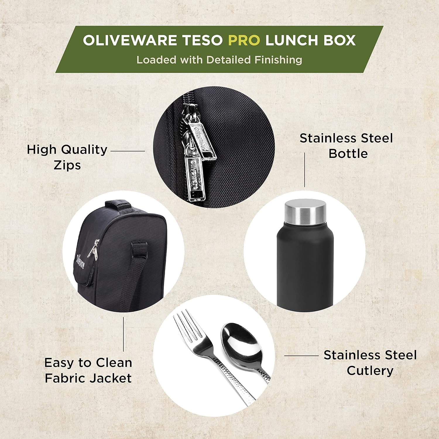 SOPL-OLIVEWARE Teso Pro Lunch Box With Steel Cutlery,3 Microwave Safe Inner Steel Containers With Bpa Free Lids(290Ml,450Ml&600Ml)Plastic Pickle Box(130Ml)Steel Water Bottle(750Ml)-Black,600 ML