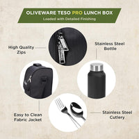 SOPL-OLIVEWARE Teso Pro Lunch Box With Steel Cutlery,3 Microwave Safe Inner Steel Containers With Bpa Free Lids(290Ml,450Ml&600Ml)Plastic Pickle Box(130Ml)Steel Water Bottle(750Ml)-Black,600 ML