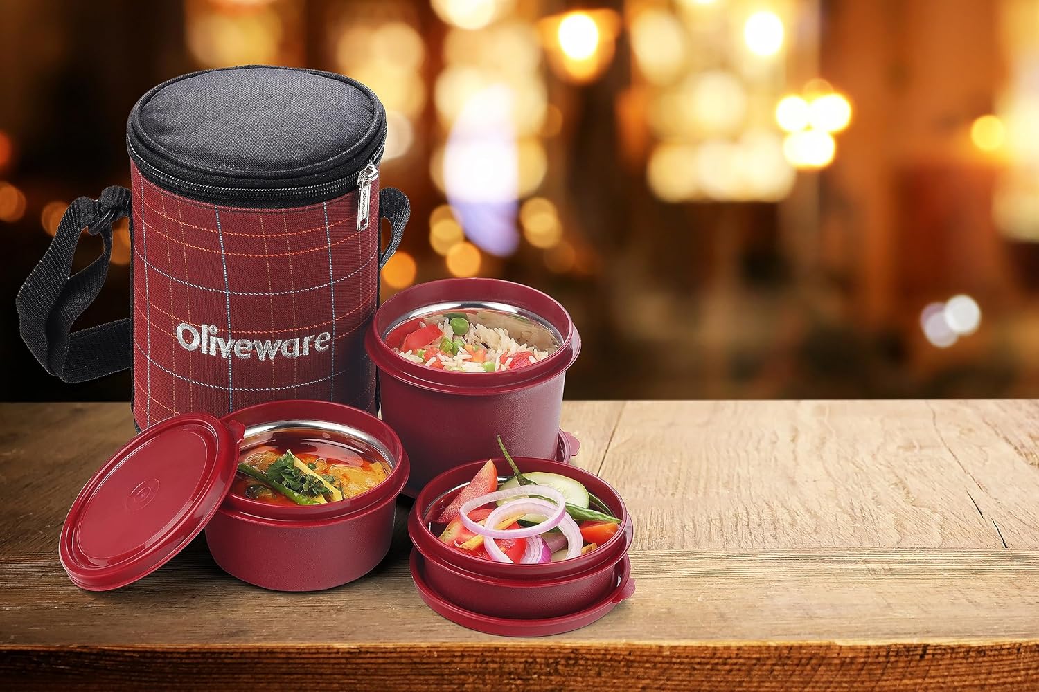 SOPL-OLIVEWARE Infinite Lunch Box, Microwave Safe & Leak Proof, 3 Inside Steel Containers with BPA Free Airtight Lids (290ml, 450ml & 600ml), Fabric Bag - Red