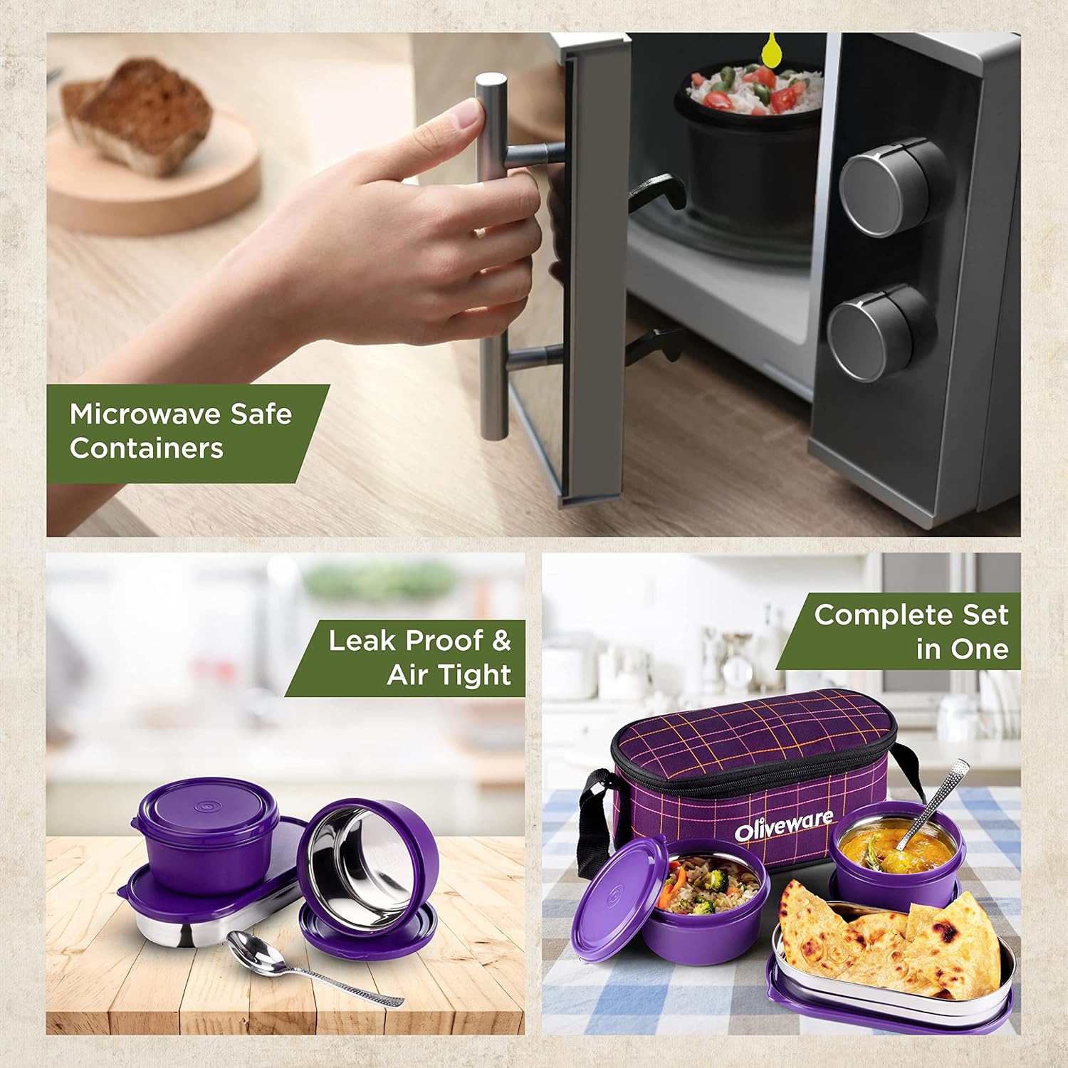 SOPL-OLIVEWARE Hazel Lunch Box, Leak Proof & Microwave Safe, 3 Stainless Steel Containers (450ml, 450ml, 550ml), Insulated Fabric Bag, Full Meal & Easy to Carry (Voilet)