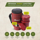 SOPL-OLIVEWARE Amber Lunch Box, Microwave Safe & Leak Proof, 3 Inside Steel Containers with BPA Free Lids (2 * 450ml & 600ml), Fabric Bag - Red