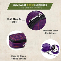 SOPL-OLIVEWARE Hazel Lunch Box, Leak Proof & Microwave Safe, 3 Stainless Steel Containers (450ml, 450ml, 550ml), Insulated Fabric Bag, Full Meal & Easy to Carry (Voilet)