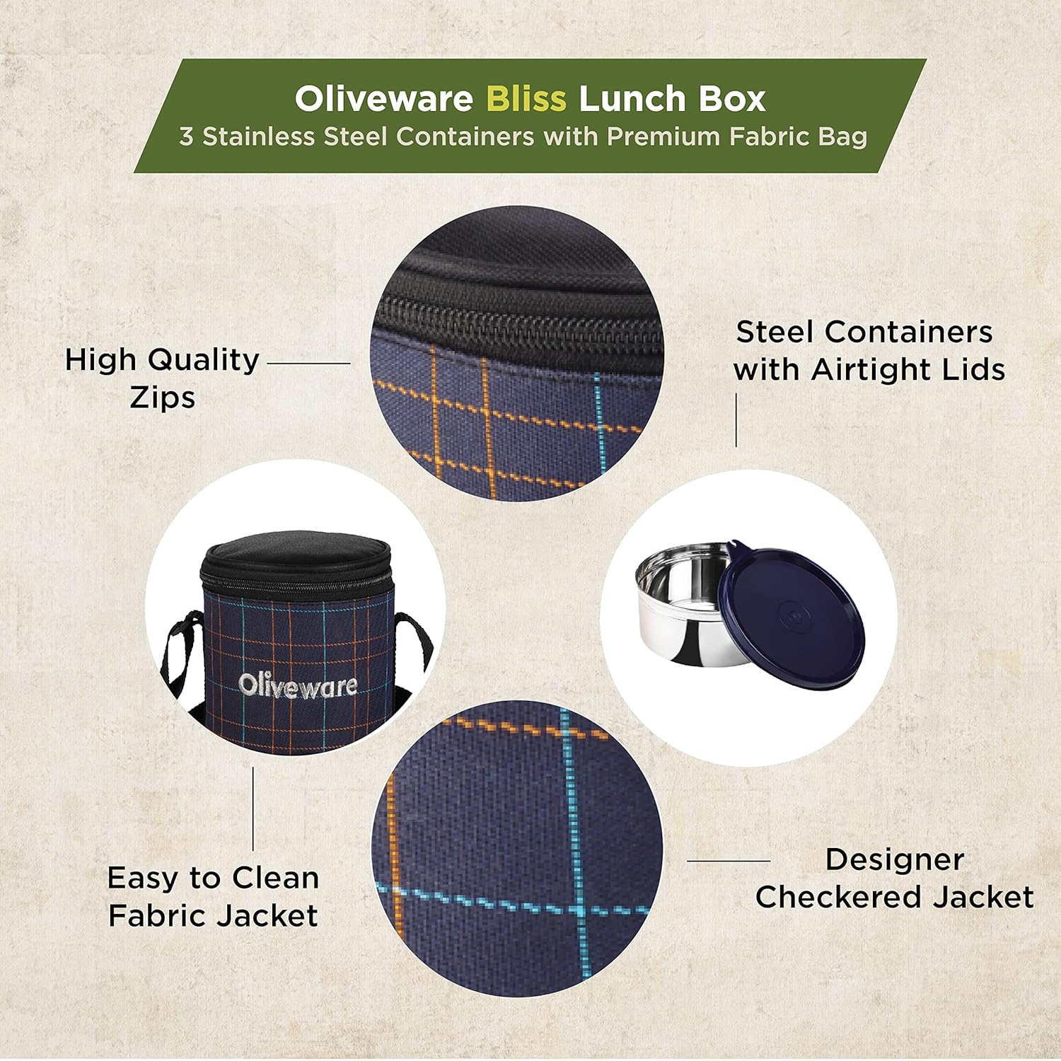 SOPL-OLIVEWARE Bliss Lunch Box, 100% Leak Proof, 3 Stainless Steel Containers with BPA Free Airtight Lids (300ml, 450 ml, 600 ml), Fabric Bag - Blue