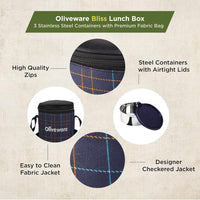 SOPL-OLIVEWARE Bliss Lunch Box, 100% Leak Proof, 3 Stainless Steel Containers with BPA Free Airtight Lids (300ml, 450 ml, 600 ml), Fabric Bag - Blue