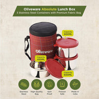 SOPL-OLIVEWARE Absolute Lunch Box, 100% Leak Proof, 3 Stainless Steel Containers with BPA Free Lids (2x600ml & 450ml), Fabric Bag - Red
