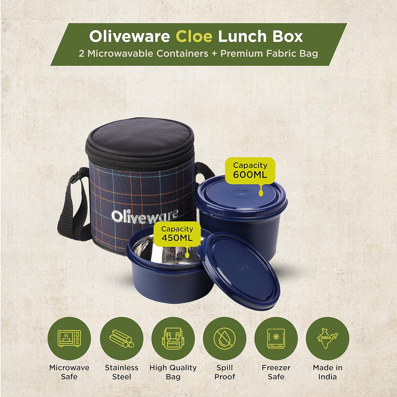 SOPL-OLIVEWARE Cleo Lunch Box, Microwave Safe & Leak Proof, 2 Inside Steel Containers with BPA Free Airtight Lids (450ml & 600ml), with Fabric Bag - Blue