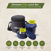 SOPL-OLIVEWARE Cleo Lunch Box, Microwave Safe & Leak Proof, 2 Inside Steel Containers with BPA Free Airtight Lids (450ml & 600ml), with Fabric Bag - Blue