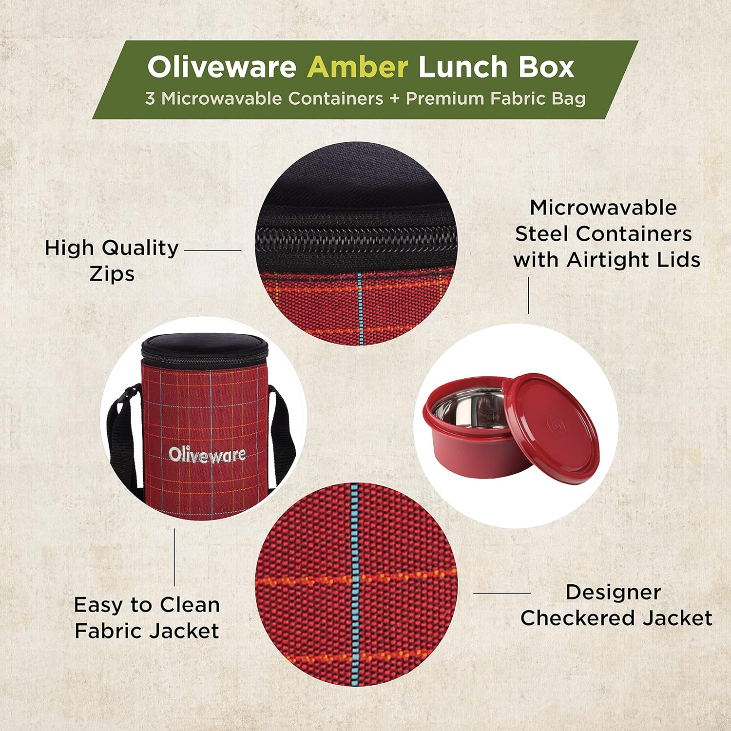 SOPL-OLIVEWARE Amber Lunch Box, Microwave Safe & Leak Proof, 3 Inside Steel Containers with BPA Free Lids (2 * 450ml & 600ml), Fabric Bag - Red