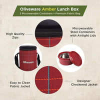 SOPL-OLIVEWARE Amber Lunch Box, Microwave Safe & Leak Proof, 3 Inside Steel Containers with BPA Free Lids (2 * 450ml & 600ml), Fabric Bag - Red