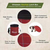 SOPL-OLIVEWARE Absolute Lunch Box, 100% Leak Proof, 3 Stainless Steel Containers with BPA Free Lids (2x600ml & 450ml), Fabric Bag - Red