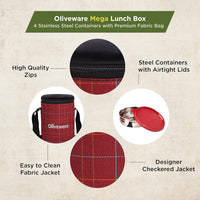 SOPL-OLIVEWARE Mega Lunch Box, 100% Leak Proof, 4 Stainless Steel Containers with BPA Free Airtight Lids (300ml, 450ml, 2x600ml), Fabric Bag - Red