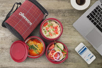 SOPL-OLIVEWARE Amber Lunch Box, Microwave Safe & Leak Proof, 3 Inside Steel Containers with BPA Free Lids (2 * 450ml & 600ml), Fabric Bag - Red
