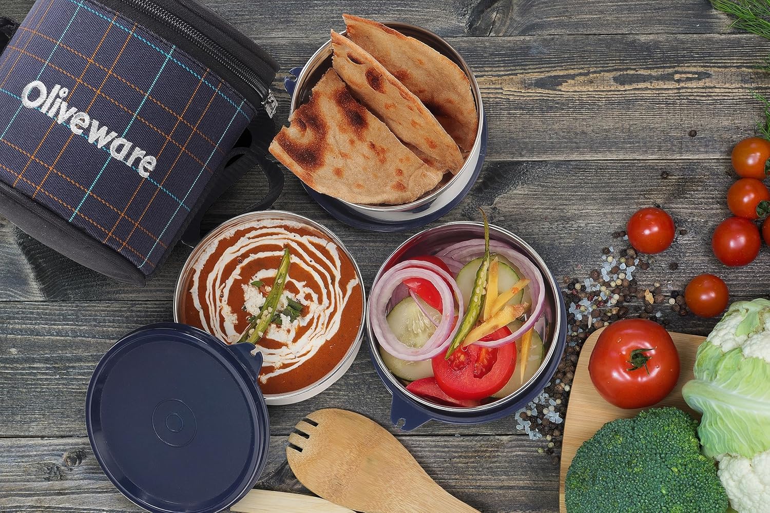 SOPL-OLIVEWARE Absolute Lunch Box, 100% Leak Proof, 3 Stainless Steel Containers with BPA Free Lids (2 * 600ml & 450ml), Fabric Bag - Blue