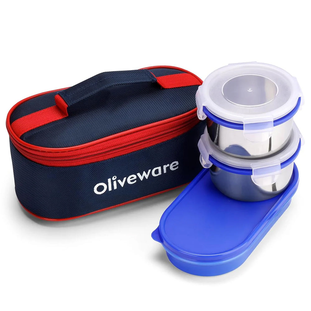 oliveware Aroma Stainless Steel Lunch Box, Leak Proof, 2 Container with BPA Free Air-Tight Lid (350ml & 350ml), Plastic Roti Box (450ml) - Blue