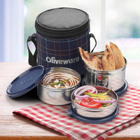 SOPL-OLIVEWARE Bliss Lunch Box, 100% Leak Proof, 3 Stainless Steel Containers with BPA Free Airtight Lids (300ml, 450 ml, 600 ml), Fabric Bag - Blue