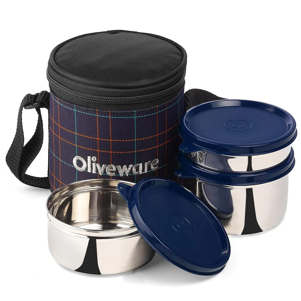 SOPL-OLIVEWARE Bliss Lunch Box, 100% Leak Proof, 3 Stainless Steel Containers with BPA Free Airtight Lids (300ml, 450 ml, 600 ml), Fabric Bag - Blue