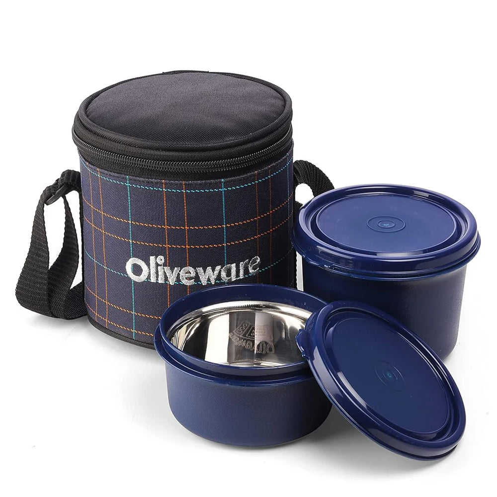 SOPL-OLIVEWARE Cleo Lunch Box, Microwave Safe & Leak Proof, 2 Inside Steel Containers with BPA Free Airtight Lids (450ml & 600ml), with Fabric Bag - Blue