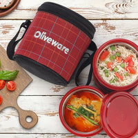 SOPL-OLIVEWARE Cleo Lunch Box, Microwave Safe & Leak Proof, 2 Inner Steel Containers with BPA Free Airtight Lids (450ml & 600ml), Fabric Bag - Red