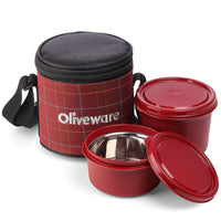 SOPL-OLIVEWARE Cleo Lunch Box, Microwave Safe & Leak Proof, 2 Inner Steel Containers with BPA Free Airtight Lids (450ml & 600ml), Fabric Bag - Red