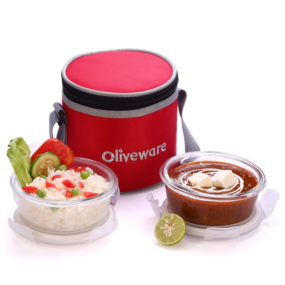 SOPL-OLIVEWARE Bold Glassware Lunchbox, Borosilicate Glass Containers, Microwave Safe & Leak Proof, Set of 2 with BPA Free Lid (400ml) Each - Red