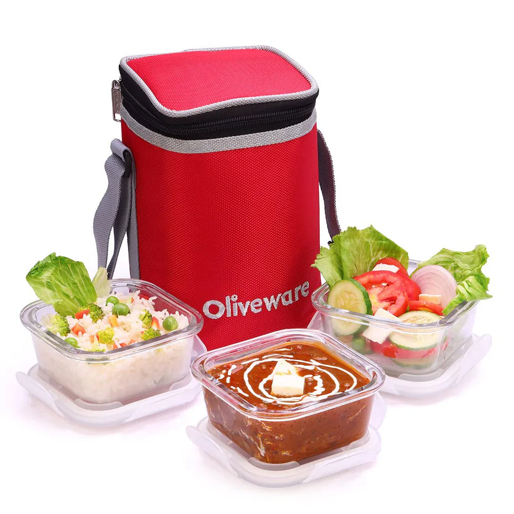 SOPL-OLIVEWARE Bounty Borosilicate Glassware Lunchbox, Microwave & Freezer Safe, Set of 3 containers with BPA Free Airtight Lids (320ml) Each - Red