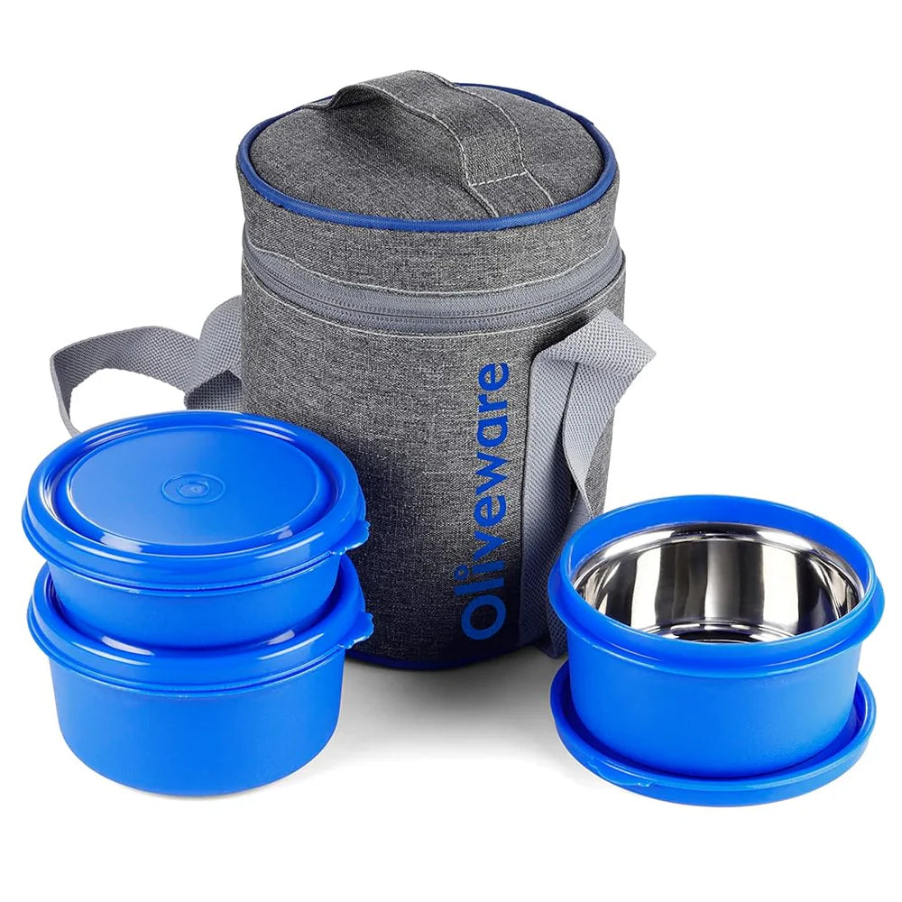 SOPL-OLIVEWARE Monarch Lunch Box with Bag, Microwave Safe & Leak Proof, 3 Inside Steel Containers & BPA Free Airtight Lids (290ml, 450ml & 450ml), Fabric Bag - Blue