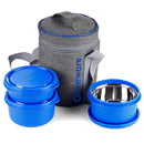 SOPL-OLIVEWARE Monarch Lunch Box with Bag, Microwave Safe & Leak Proof, 3 Inside Steel Containers & BPA Free Airtight Lids (290ml, 450ml & 450ml), Fabric Bag - Blue