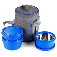 SOPL-OLIVEWARE Monarch Lunch Box with Bag, Microwave Safe & Leak Proof, 3 Inside Steel Containers & BPA Free Airtight Lids (290ml, 450ml & 450ml), Fabric Bag - Blue