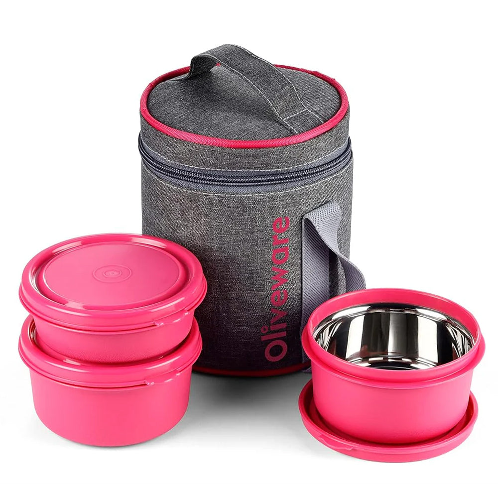 Oliveware Monarch Lunch Box, Microwave Safe & Leak Proof, 3 Inside Steel Containers with BPA Free Airtight Lids (290ml, 450ml & 450ml), Fabric Bag - Pink