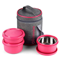 Oliveware Monarch Lunch Box, Microwave Safe & Leak Proof, 3 Inside Steel Containers with BPA Free Airtight Lids (290ml, 450ml & 450ml), Fabric Bag - Pink