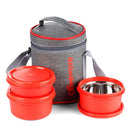 SOPL-OLIVEWARE Monarch Lunch Box, Microwave Safe & Leak Proof, 3 Inside Steel Containers with BPA Free Airtight Lids (290ml, 450ml & 450ml), Fabric Bag - Red