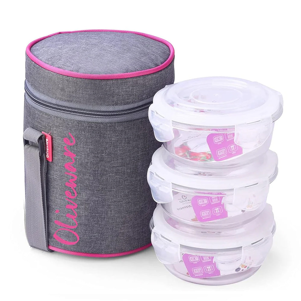 SOPL-OLIVEWARE Innox Glassware Lunchbox, Borosilicate Glass Containers, Microwave Safe & Leak Proof, 3 Containers with BPA Free Airtight Lids (400ml) Each - Pink