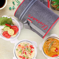 SOPL-OLIVEWARE Innox Glassware Lunchbox, Borosilicate Glass Containers, Microwave Safe & Leak Proof, 3 Containers with BPA Free Airtight Lids (400ml) Each - Red