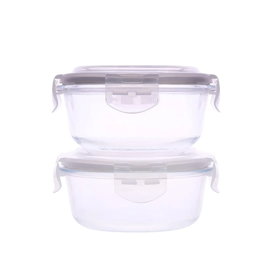 Oliveware Rio Glassware Round Lunchbox for Office | Borosilicate Glass | Microwave, Dishwasher & Freezer Safe | Set of 2 Leak Proof & Air Tight Containers | 320ml Each