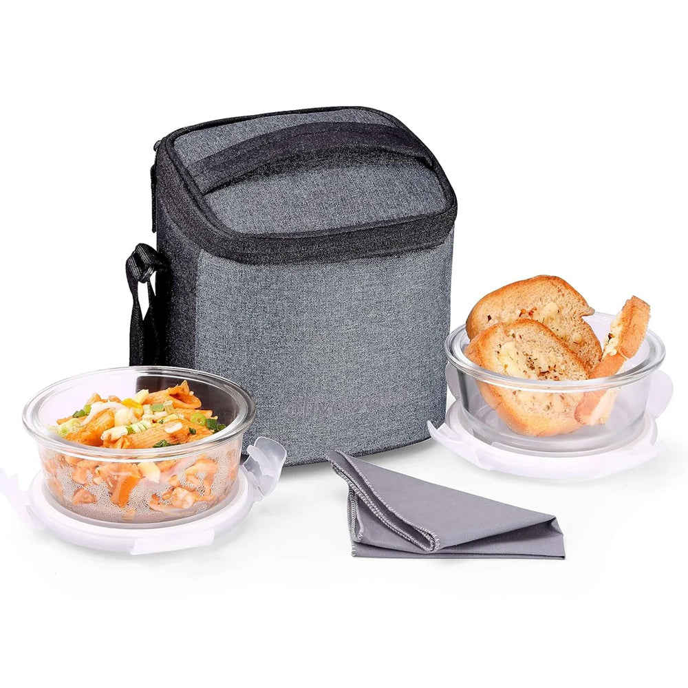 Oliveware Rio Glassware Round Lunchbox for Office | Borosilicate Glass | Microwave, Dishwasher & Freezer Safe | Set of 2 Leak Proof & Air Tight Containers | 320ml Each