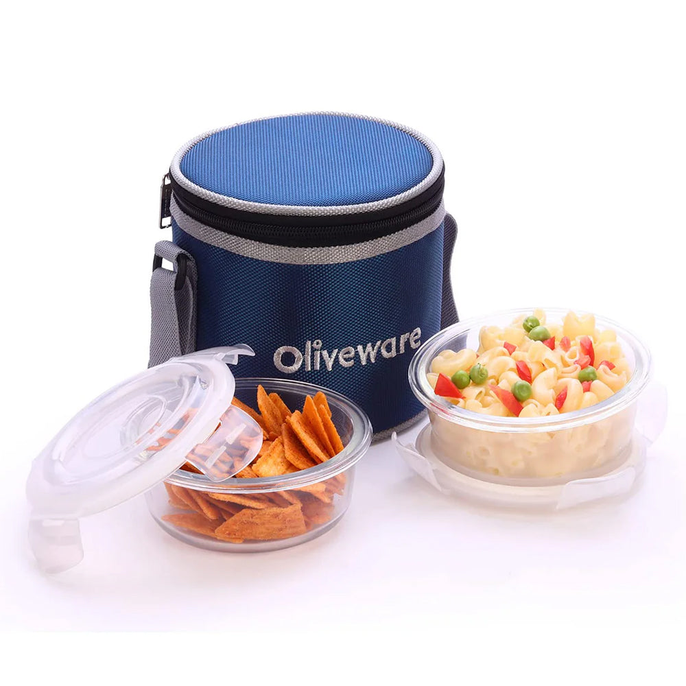 SOPL-OLIVEWARE Rocky Glassware Round Lunchbox, Borosilicate Glass Containers, Microwave Safe & Leak Proof, 2 Containers with BPA Free Lids (400ml) Each - Pink