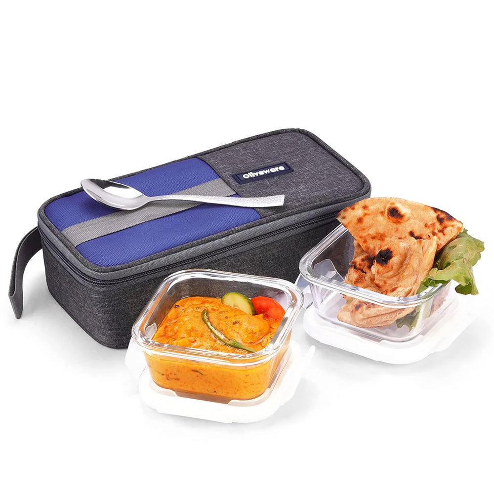 SOPL-OLIVEWARE Freshco Glassware Lunchbox, Borosilicate Glass & Microwave Proof, Safety Lock Airtight Lid, 2 Container with Steel Spoon (320ml) Each - Blue
