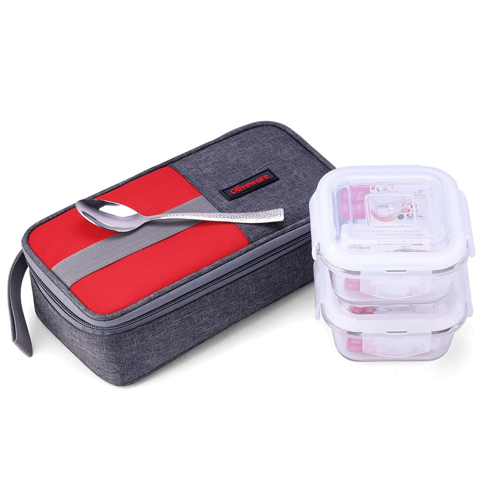 SOPL-OLIVEWARE Freshco Glassware Lunchbox, Borosilicate Glass & Microwave Proof, Safety Lock Airtight Lid, 2 Container with Steel Spoon (320ml) Each - Red