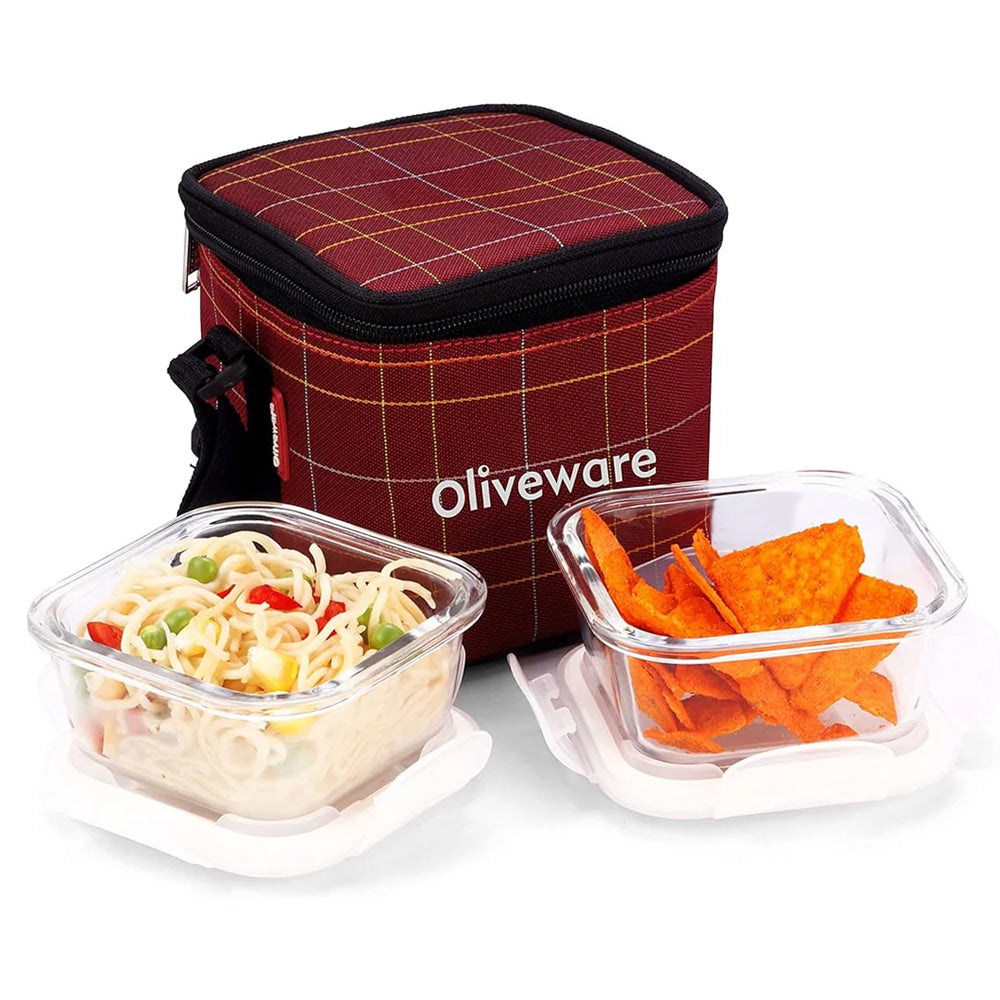 SOPL-OLIVEWARE Feast Glassware Square Lunchbox, Borosilicate Glass Containers, Microwave Safe & Leak Proof, 2 Containers with BPA Free Lids (320ml) Each - Red