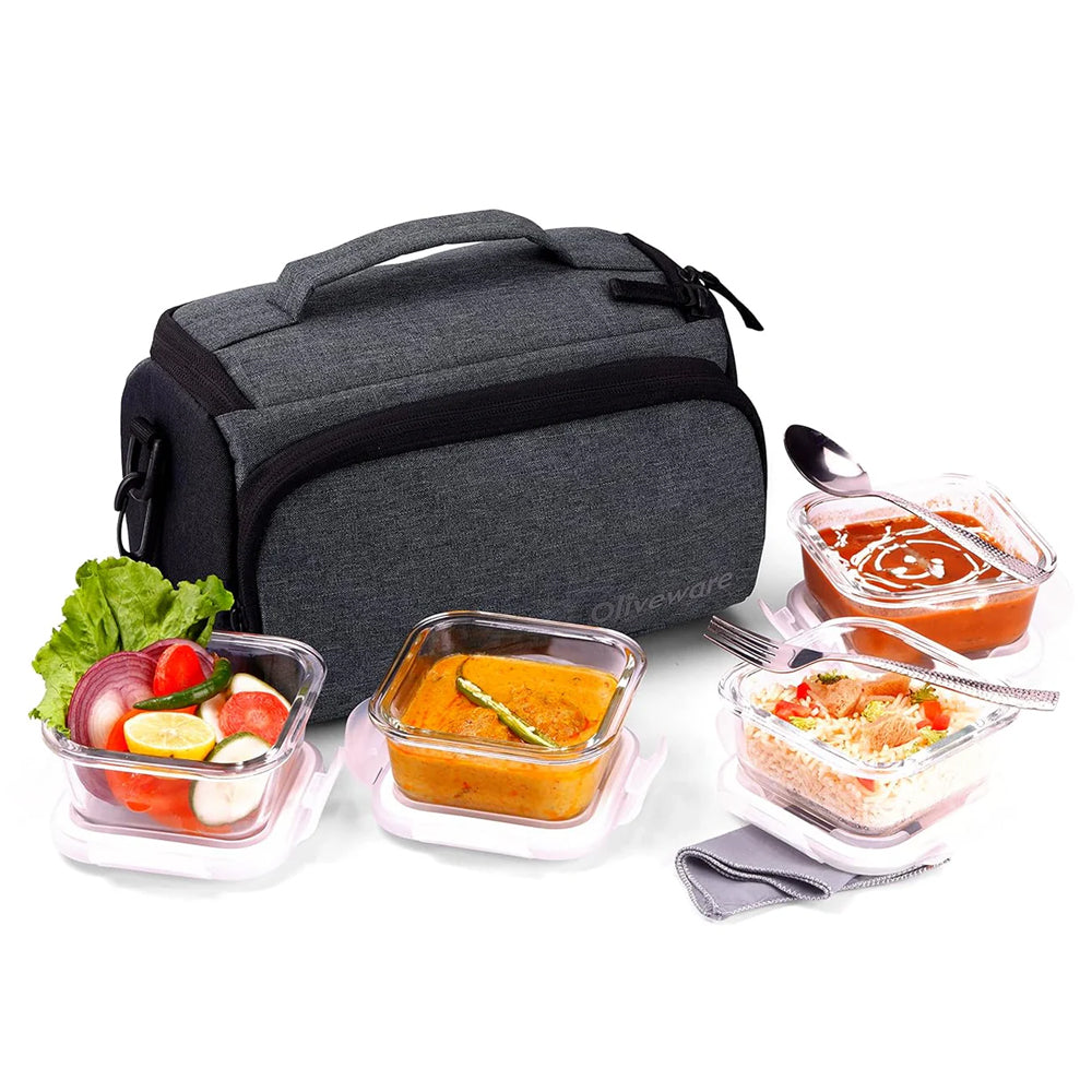 SOPL-OLIVEWARE Elite Glassware Sqaure Lunchbox, Napkin & Steel Cutlery, Borosilicate Glass & Microwave Proof, 4 Cointainer with 320ml Each - Grey