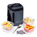 SOPL-OLIVEWARE Ivy Borosilicate Glassware Square Lunchbox, Napkin & Steel Spoon, Microwave Proof, 3 Cointainer with 320ml Each - Grey