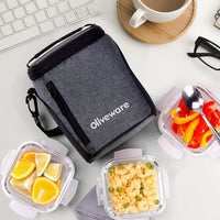 SOPL-OLIVEWARE Ivy Borosilicate Glassware Square Lunchbox, Napkin & Steel Spoon, Microwave Proof, 3 Cointainer with 320ml Each - Grey