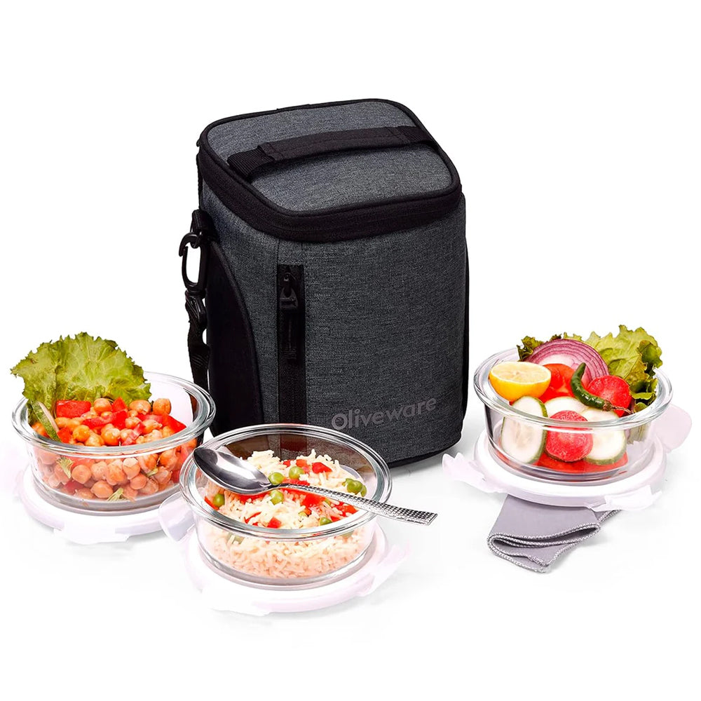 SOPL-OLIVEWARE Grace Glassware Round Lunchbox, Napkin & Steel Spoon, Borosilicate Glass & Microwave Proof, Set of 3 (400ml) - Grey