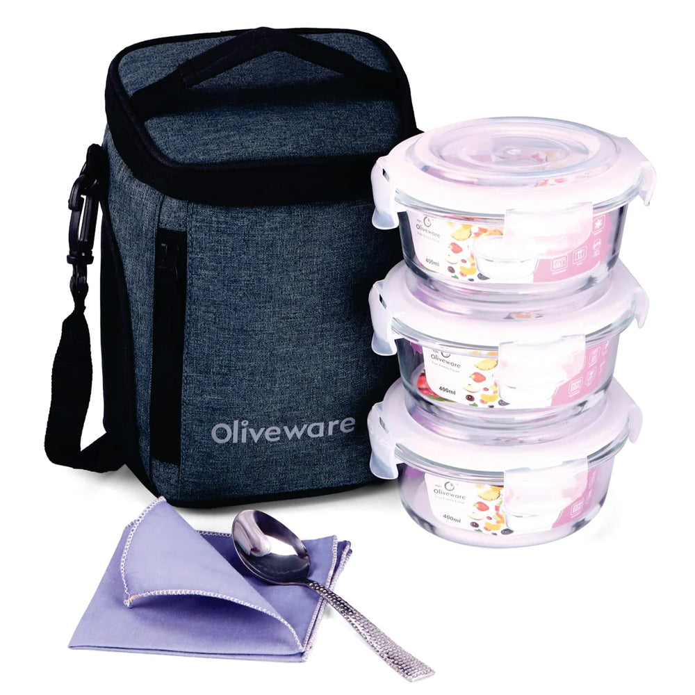SOPL-OLIVEWARE Grace Glassware Round Lunchbox, Napkin & Steel Spoon, Borosilicate Glass & Microwave Proof, Set of 3 (400ml) - Grey
