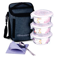 SOPL-OLIVEWARE Grace Glassware Round Lunchbox, Napkin & Steel Spoon, Borosilicate Glass & Microwave Proof, Set of 3 (400ml) - Grey