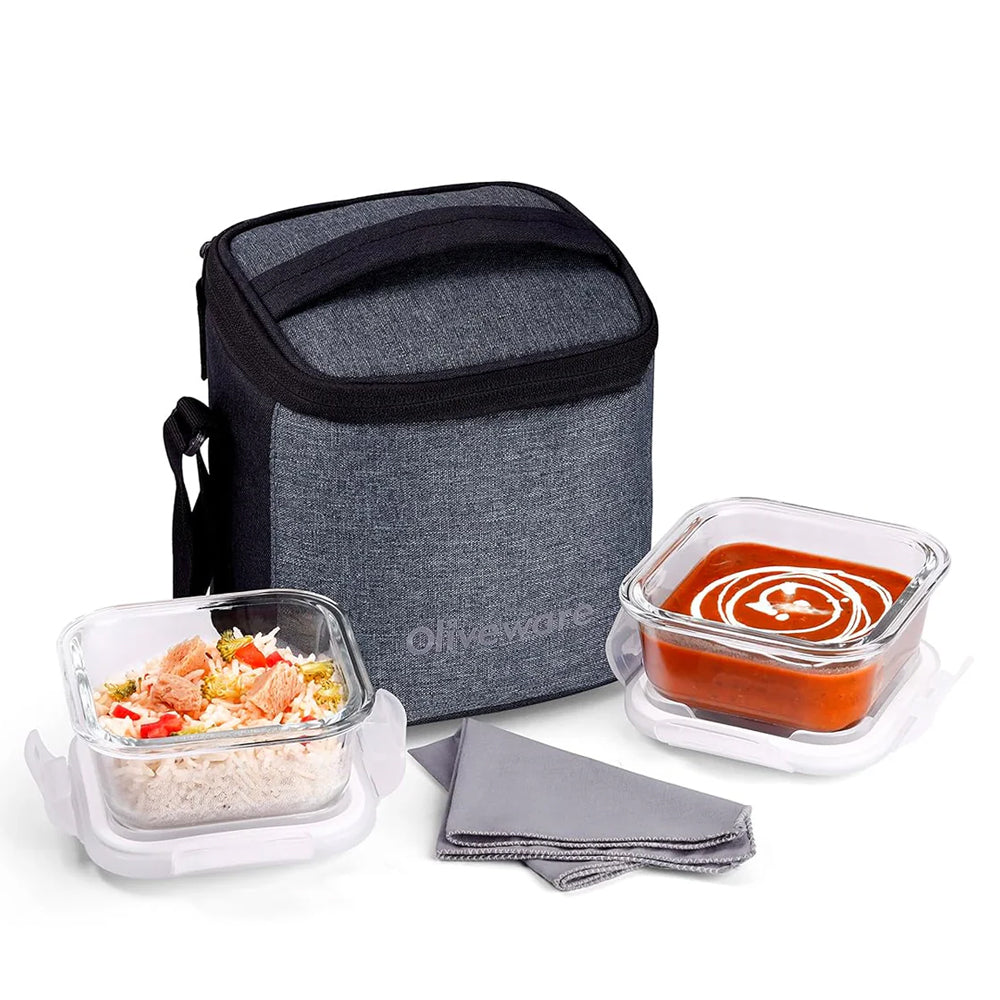 Oliveware Vegas Glassware Lunchbox for Office | Borosilicate Glass | Microwave, Dishwasher & Freezer Safe | Set of 2 Leak Proof & Air Tight Containers | 320ml each