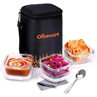 SOPL-OLIVEWARE Pablo Glassware Lunchbox, Napkin & Steel Spoon, Borosilicate Glass & Microwave Proof, 3 Container (320ml), Safety Lock Airtight Square Tiffin Storage Container- Blk_Org