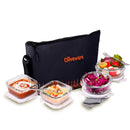 SOPL-OLIVEWARE Musk Glassware Lunchbox with Napkin & Steel Cutlery, Borosilicate Glass & Microwave Proof, Safety Lock Airtight Square Tiffin, 4 Container (2 * 320ml & 2 * 400ml) - Black&Orange