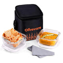 SOPL-OLIVEWARE Blaze Glassware Lunchbox with Napkin, Borosilicate Glass & Microwave Proof, Safety Lock Airtight Square Tiffin Storage, 2 Container in 320 ml Each - Black_Orange