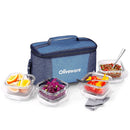 SOPL-OLIVEWARE Slick Glass Lunch Box, Borosilicate Glass Container with BPA Free Lids, Napkin & Steel Cutlery, Microwave Safe, Set of 4 (320ml) Each - Blue